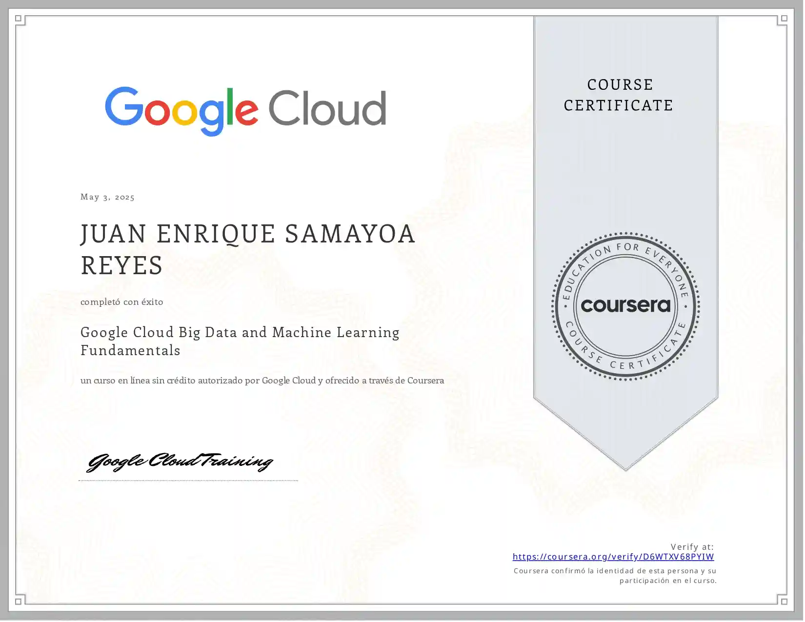 Certificacion Google Cloud Big Data and Machine Learning Fundamentals